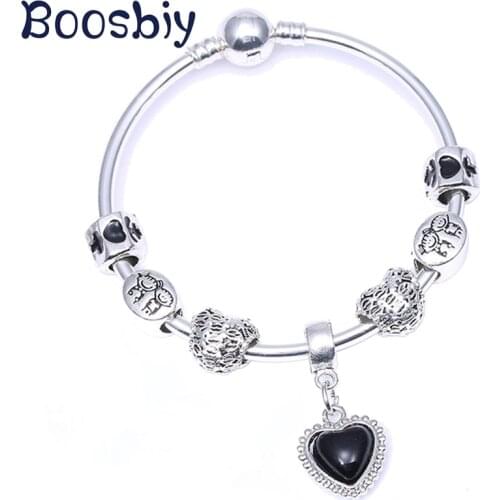 Silver Plated Charm Bracelet With Black Hear Charm Pendants Fits Brand Charm Bracelet For Women Romantic Jewelry Gift