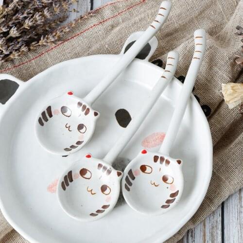 Hand Painted Cute Cat Ceramic Spoon Creative Cartoon Dessert Spoons Environmental Protection Tableware Long Handle Spoon