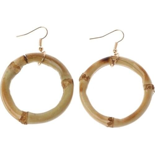 Handmade Natural Bamboo Wood Round Circle Dangle Hoop Earrings Fashion Jewelry