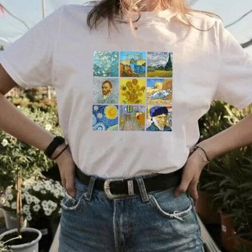 Van Gogh Aesthetic Art Print T-shirt Vintage Harajuku White Drawing Graphic Tee Meme Funny Short Sleeve Cotton Women Tops