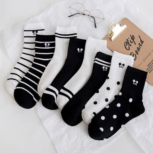 Disney cartoon Mickey head embroidery ladies socks striped polka dot socks black and white cotton ladies autumn socks stockings