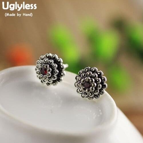 Uglyless Blooming Flowers Studs for Women MINI Floral Earrings 925 Silver Brincos Fine Jewelry Marcasite Garnet Earrings E1707