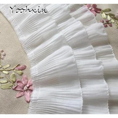 12CM Wide Black White Elastic Pleated Chiffon Lace Ruffle Trim Ribbon 3D Applique Guipure Women Dresses Curtains Hem Decoration