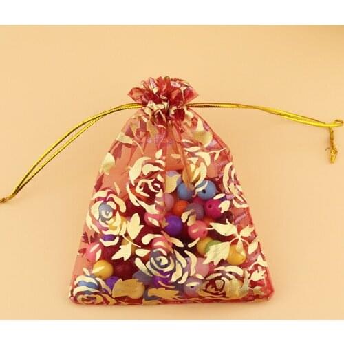 17x23cm (6.69"x9.05") 100pcs Red Rose Christmas Wedding Gift Candy Bags Organza Drawstring Bags Jewelry Cosmetic Packing Bags