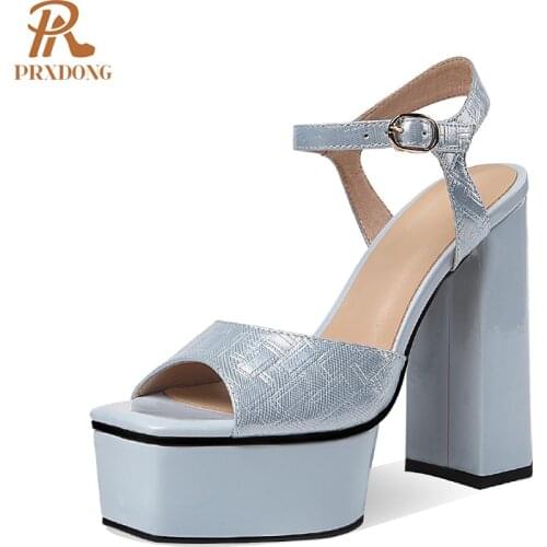 Genuine Leather Women Sandals Thick High Heels Platform Ladies Summer Shoes Buckle Strap Blue Silver Gladiator Sandals Shoes 39