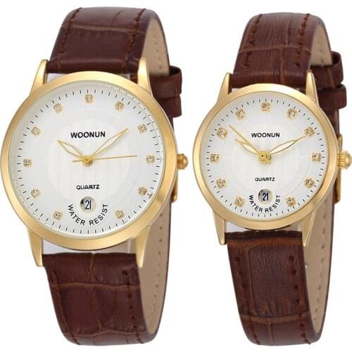 WOONUN Top Brand Luxury Pair Couple Watches For Lovers Leather Strap Quartz-watches Men Women Fashion Rhinestone Diamond Watch