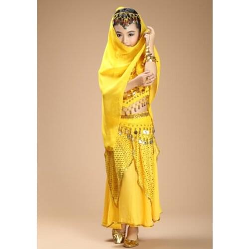 Free shipping belly dance dancing silk 4piece(top+skirt+waist chain+veil) Girls costumes belly dance costume indian fabrics