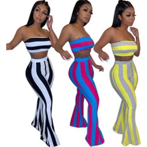 2021 spring sexy color striped wrapped chest separation pants two-piece suit
