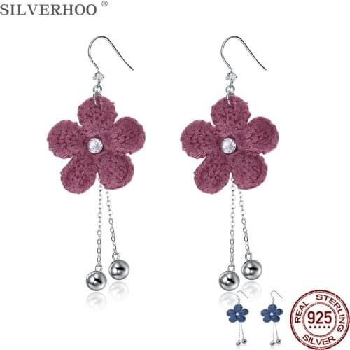 SILVERHOO Cute Flower Earrings For Women Genuine Sterling Silver 925 Jewelry Long Tassel Ball Drop Earring Anniversary Gift