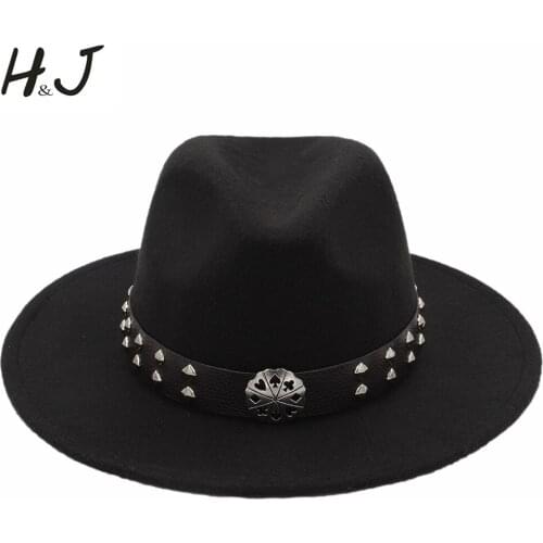 Fashion Women Men Fedora Hat With Wide Brim Jazz Church Godfather Cloche Jazz Cap With Punk Rivet Size 56-58CM