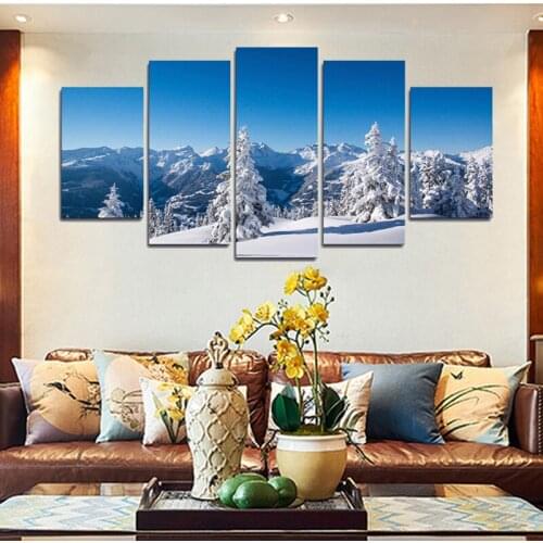 Modular HD Printed Wall Pictures Canvas Poster 5 Piece/Pcs Winter Mountain Landscape Art Painting Frame Home Decor Living Room