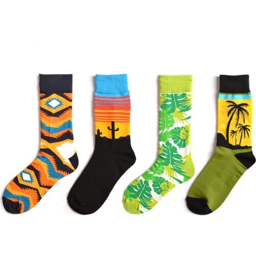 Men Sock Street Cartoon Leaf Flower Feather Tree Diamond Lattice Colorful Happy Funny Male Ventilation Cotton Skate Socks Autumn