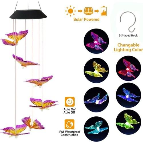 LED Solar Wind Chime Crystal Butterfly Hummingbird Colorful Lights Waterproof Outdoor Windchime Solar Light for Garden Decor