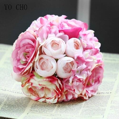 YO CHO Champagne Flower Artificial Silk Rose Hydrangea Flower Bouquet Faux Flore Bridal Wedding Bouquet Home Party Decoration