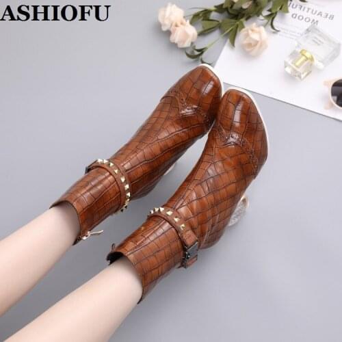 ASHIOFU 2020 New Real Photos Womens Crystal-heeled Boots Rivets Spikes Vintage Party Ankle Booties Large Size Fashion Boots