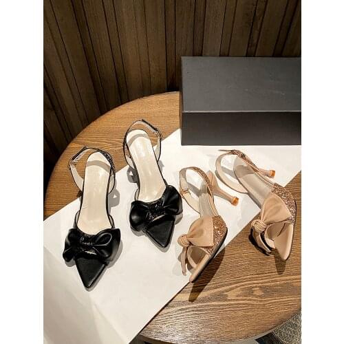 Ladies High-Heeled Sandals Summer Elegant Temperament Bow Sequins All-Match Fashionable Word Belt Sandals
