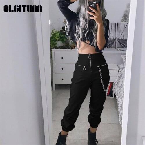 Gothic Harajuku Zipper Street Style Womens Casual Harem Pants Pure Black Fashion Hip Hop Trousers Cool Zipper Waist Thin Pants