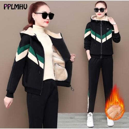 Patchwork Womens Sets Pattern Thicken Two Piece Suit Women Winter Fall Warm Long Sleeve Tops Pants Sets Plus Size 4XL Tracksuit