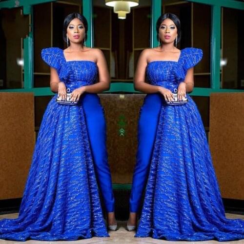 Chic Sequin Evening Dresses Royal Blue abiye Real Image Evening Party Gowns Customized Removable Train robe de soiree