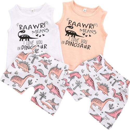 Little Girl’s Vest and Shorts Suit Cartoon Letter Sleeveless Tops And Dinosaur Plant Short Pants New Style 2021