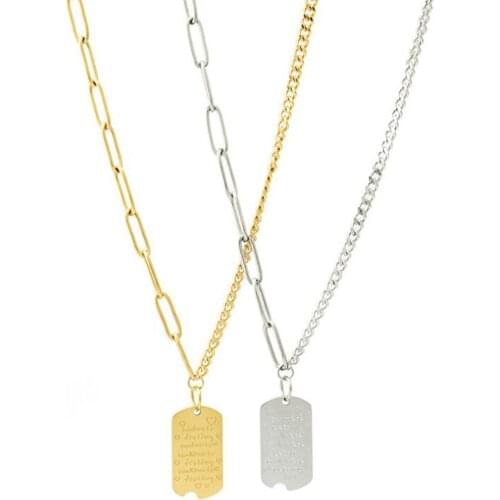 Stainless Steel Gold Rectangle Geometry Irregular Chain Blend Element Engrave Tag Necklace Pendant Jewelry Gift For Him