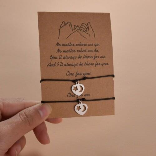 2pcs/set Heart Couple Rope String Wish Bracelet Bangles Women Black Wax Rope Adjustable Bracelet Jewelry Friendship Sisters Gift