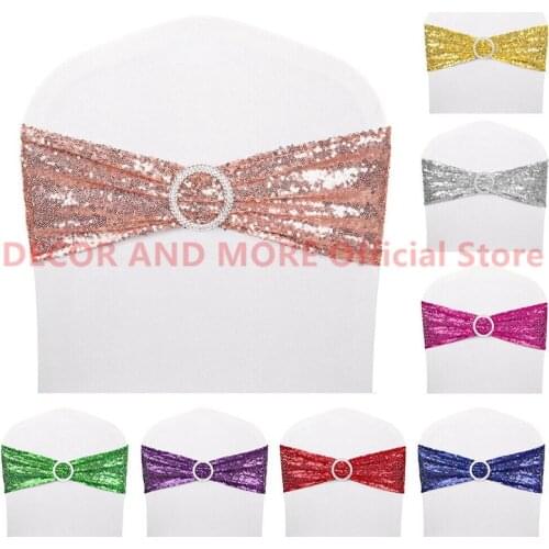 50PCS Shiny Sequin Spandex Chair Sashes Stretch Chair Bands With Round Buckle Decoration Wedding Hotel Party Events Chair Cover