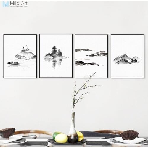 Black White Chinese Ink Mountain Landscape Poster Living Room Wall Art Print Picture Oriental Home Deco Canvas Painting No Frame