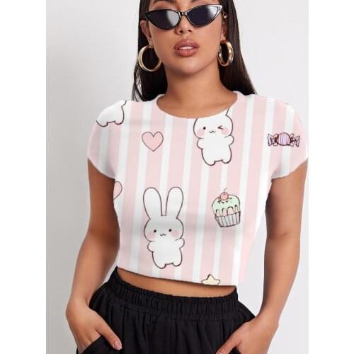 3d Tshirt Rabbit T-shirt Women Lovely Navel Bare Cake Shirt Print Ice Cream T-shirts 3d Short Sleeve T shirts New Style O-Neck