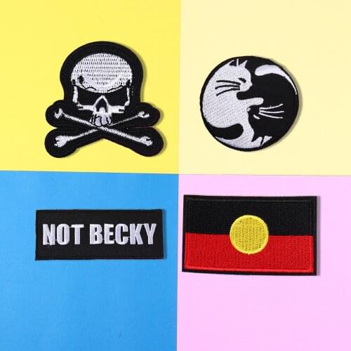 Fine Black Skull Lovely black cat Patches Black Animal Punk letter Appliques Iron On national flag Clothes Jeans Badges