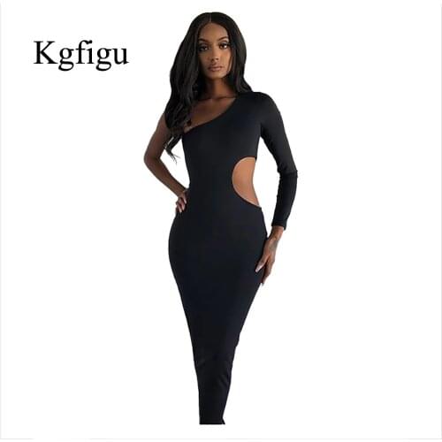 KGFIGU Snug Cotton Material Black Dress Women Sexy Party Strapless Soft Vestidos Womens Clothing Long Sleeve Bodycon Dress