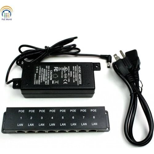 802.3af 48V Passive Ethernet Injector Kit 100mbps 8 Port POE Connecto for 8pcs Mikrotik Cameras with 48V60W Power Supply