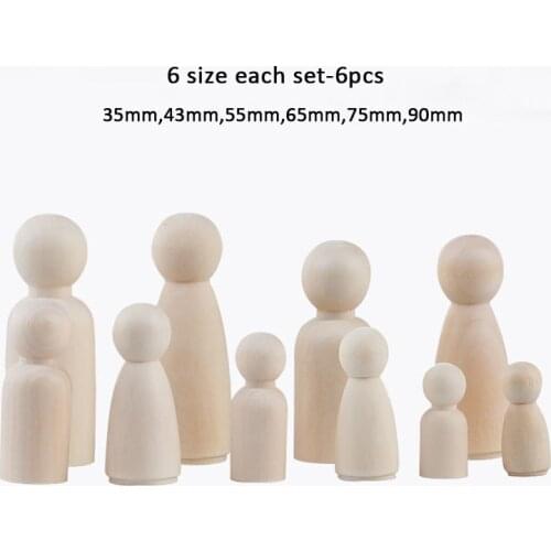 6PCS/Lot Hard Wood Peg Dolls Unfinished Girl Boy Dolls Wood Blanks Kid DIY Nursery Decor Mini Peg Dolls 90mm,75mm,65mm,55mm,35mm