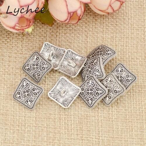 Lychee 10pcs Geometric Square Antique Silver Flower Metal Shank Button For Clothes Jeans Sewing DIY Decorative Crafts