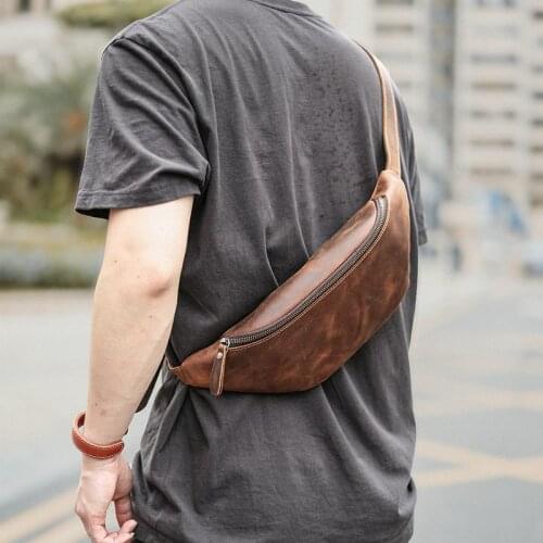 Fashion luxury natural real leather men daily sports outdoor chest bag retro crazy horse leather shoulder messenger waist bag