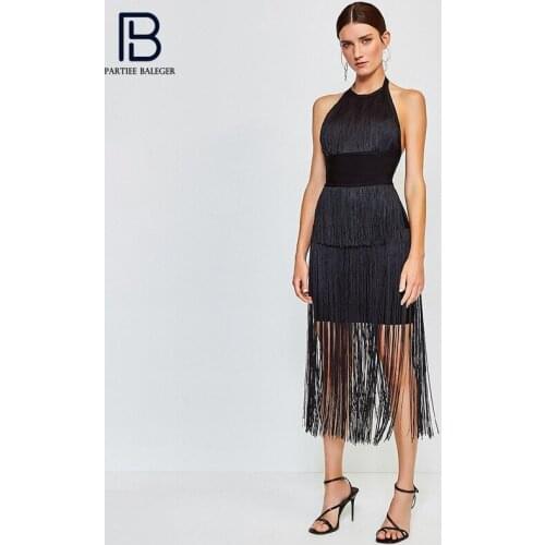 PB Trendy Tassels Design Bandage Long Dress Hater Sexy Backless Sleeveless Celebrity Party Club Free Shipping Vestido