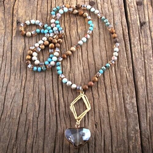 RH Fashion Bohemian Jewelry Natural Stones Glass With Matt Metal Links Crystal Heart Pendant Necklaces For Women Boho Gift