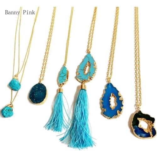 Bohemia Geo Synthetic Stone Pendant Necklace For Women Gift Cute Pendant Metal Chain Necklace Fashion Jewelry Colliers Colar