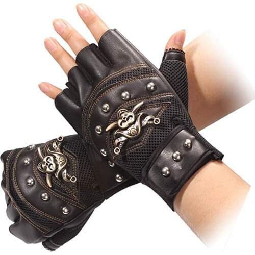 Artificial Leather Rivets Pirate Skeleton Gloves Punk Half Finger Gloves MenS Gloves For Motorcycle Riding Outdoor Sports