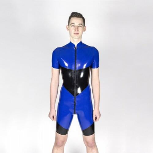 Sexy Mens Blue Black Latex Rubber Catsuit Fetish with Front Crotch Zip Club Wear