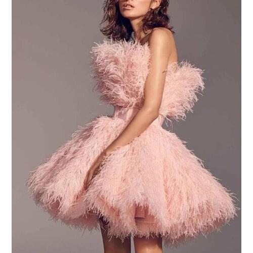 Pink Short Prom Dresses 2020 Strapless Lace Tiered Feather Ruffles Celebrity Gowns Evening Party Wear Mini Cocktail Dress