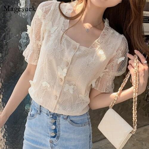 Chic Butterfly Stitching Loose Blouse Women 2021 Summer Short Sleeve Ladies Shirt Sweet Square Neck Lace Cropped TopBlusa 15073