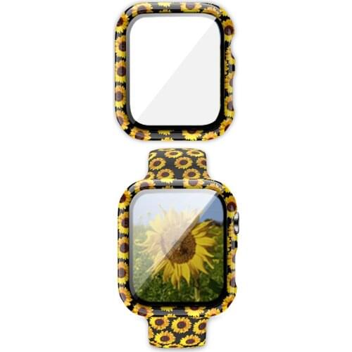 40mm Custom patter Silicone Strap for Apple WatchBand 44mm 38mm 42mm Spots Flower Band Series 6 5 4 3 2 1 PC+Tempered Glass Case