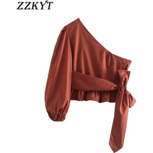 ZZKYT 2021 Women Autumn Fashion Solid Ruffles Asymmetry Blouses Vintage Long Sleeve Bow Tie Sashes Female Shirt Casual Top Mujer
