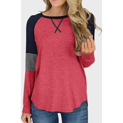 Solid Striped Patchwork Women Long Sleeve T Shirt O-Neck Cotton Top Tees Clothes for Women Casual Female t shirts 2020 Autumn
