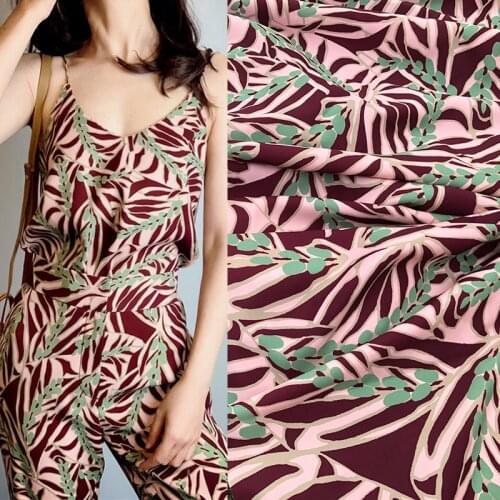 100X145cm Fashion Wine red Leaf Printed Polyester Fabric For Woman Dress Blouse Pants DIY Cloth Sewing