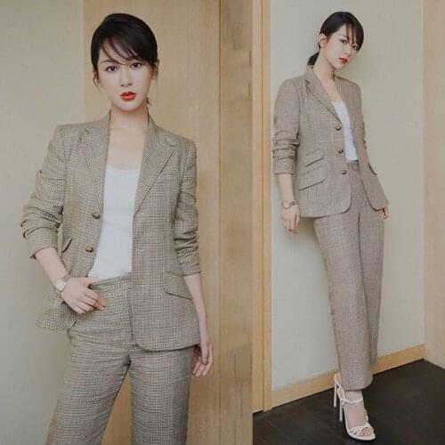 2019 fall 2 piece outfits for women OL vintage plaid single breasted Blazer + ankle length pants two piece set y388