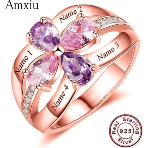 Amxiu Customize Large Wedding Ring Name Ring with Birthstones 925 Sterling Silver Rings For Women Mother Personalized Jewelry