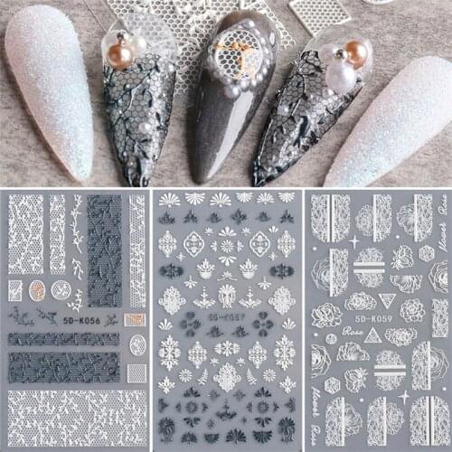 1Sheet 5D Engraved Nail Sticker White Embossed Flower Sliders Nail Art Decorations Lace Wedding Design All For Manicure