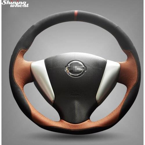 Shining wheat Hand-stitched Black Suede Brown Leather Steering Wheel Cover for Nissan Tiida Sylphy Sentra 2014 Note